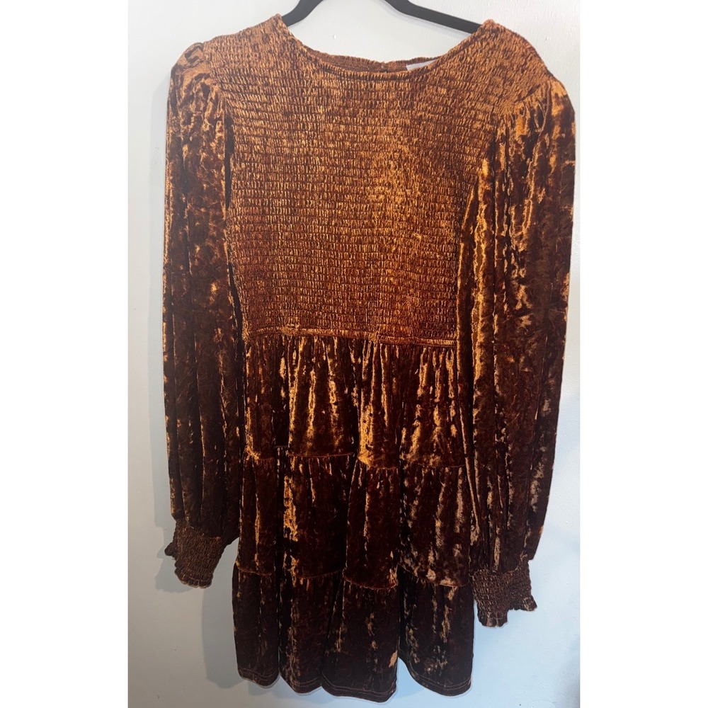 Baltic Born Copper Crushed Velvet Smocked Tiered Mini Dress Large Bronze Boho